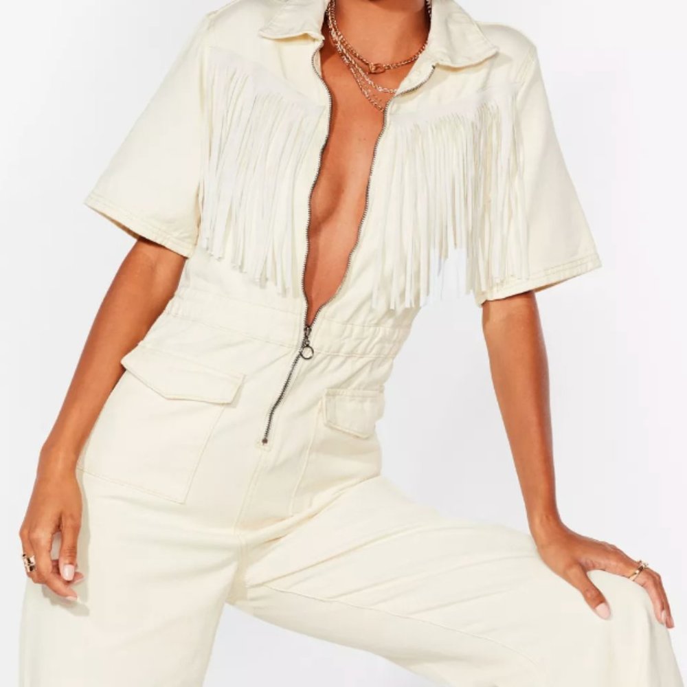 Nasty Gal Denim Fringe Jumpsuit